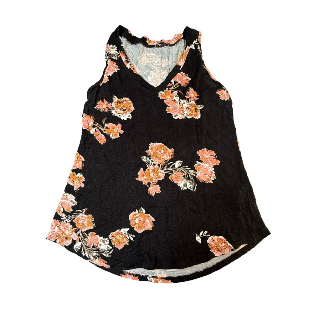 Maurices Floral Tank Top V Neck Sleeveless Casual Black Peach Small